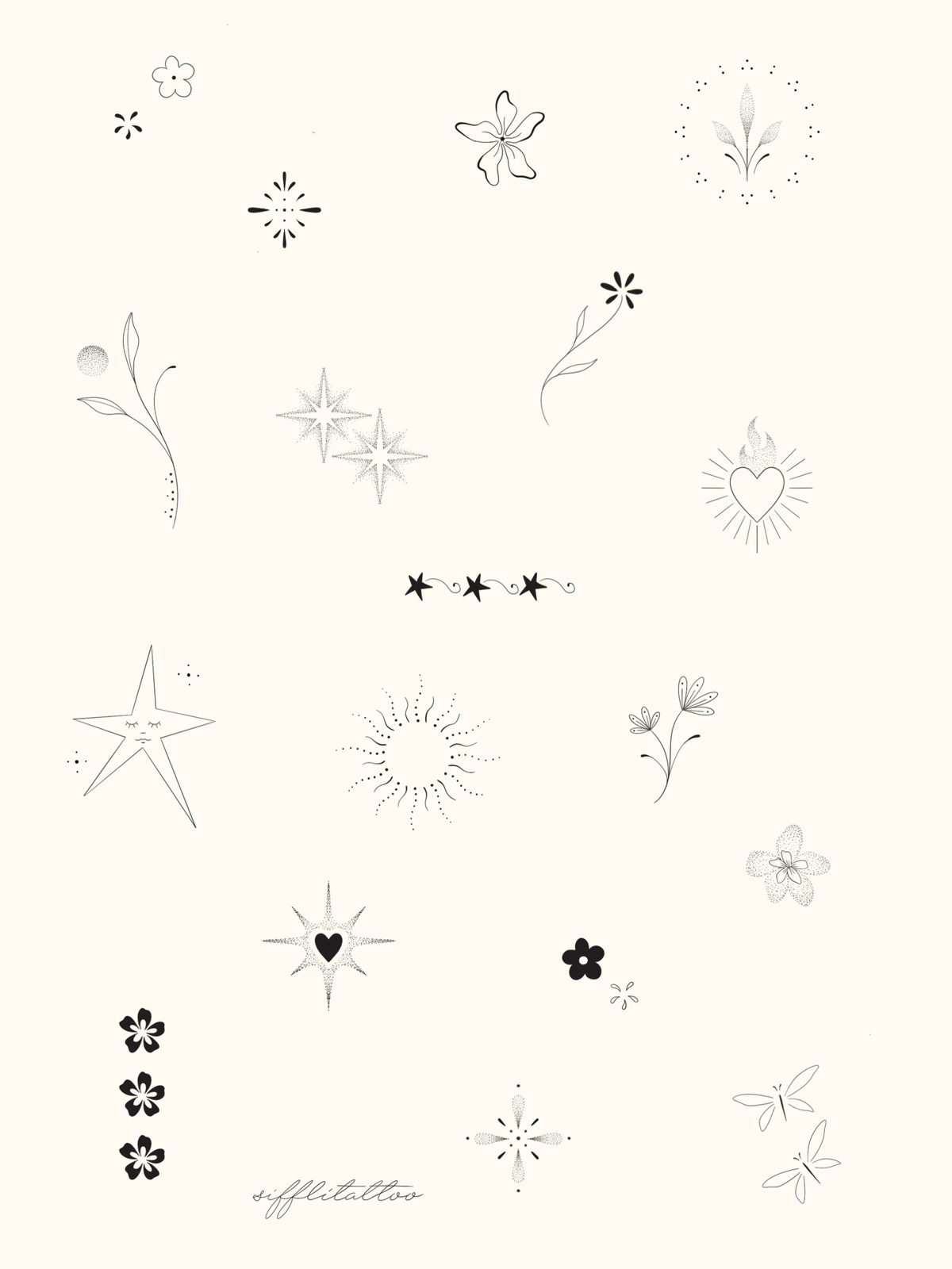 Planche de petits flashs : fleurs, étoiles, cœurs, soleil, libellules